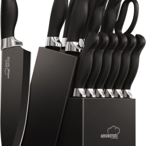 Knife Set, Amorston 15 Pieces Knife Sets for Kitchen with Block, Dishwasher Safe Kitchen Knife Set with Built in Sharpener Block, German Stainless Steel Knife Block Set, Blac (Copy)